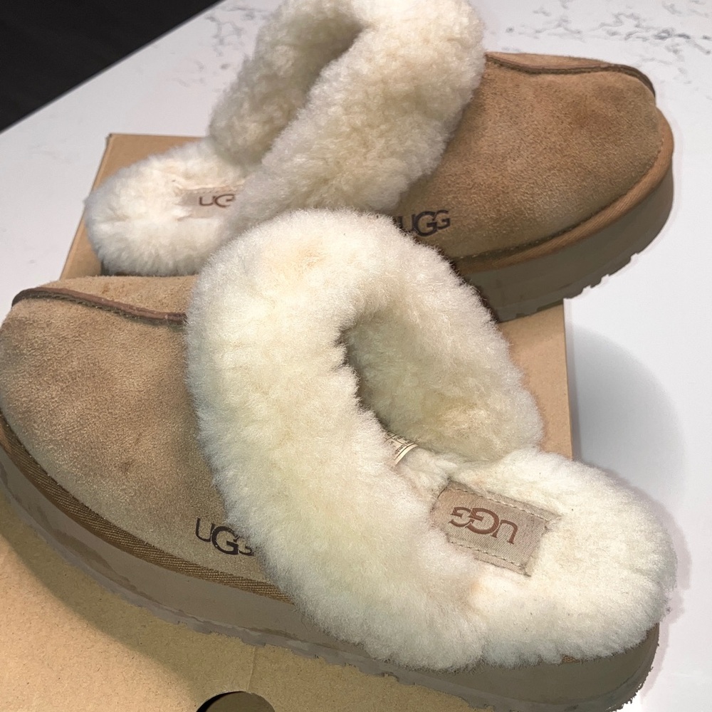 UGG Tan Suede Slippers with Cream Shearling